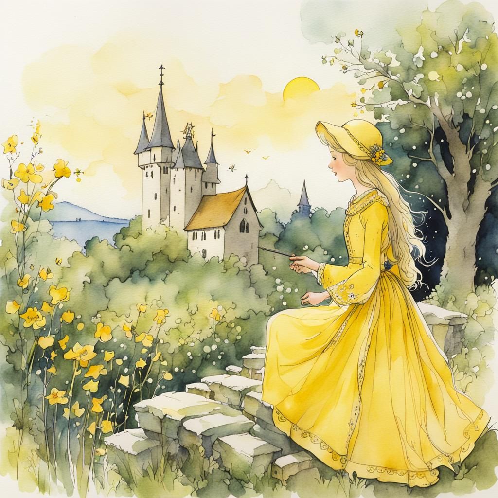 Medieval Maiden in Watercolor Storybook Illustration