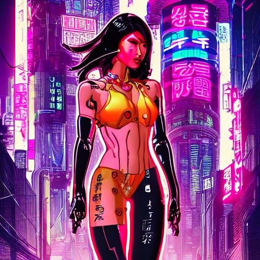 Cyborg Succubus in Neon Cyberpunk Cityscape