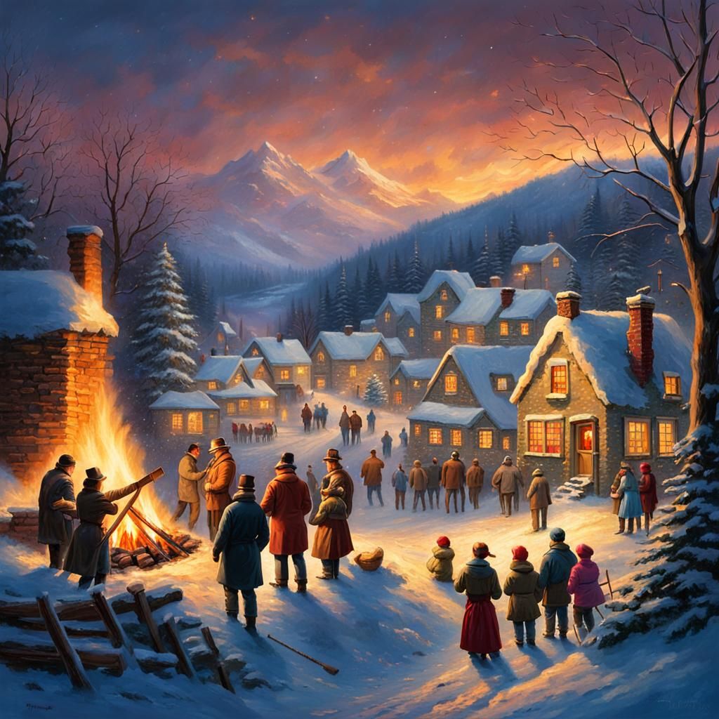 Winter Bonfire in Village, Thomas Kinkade Style