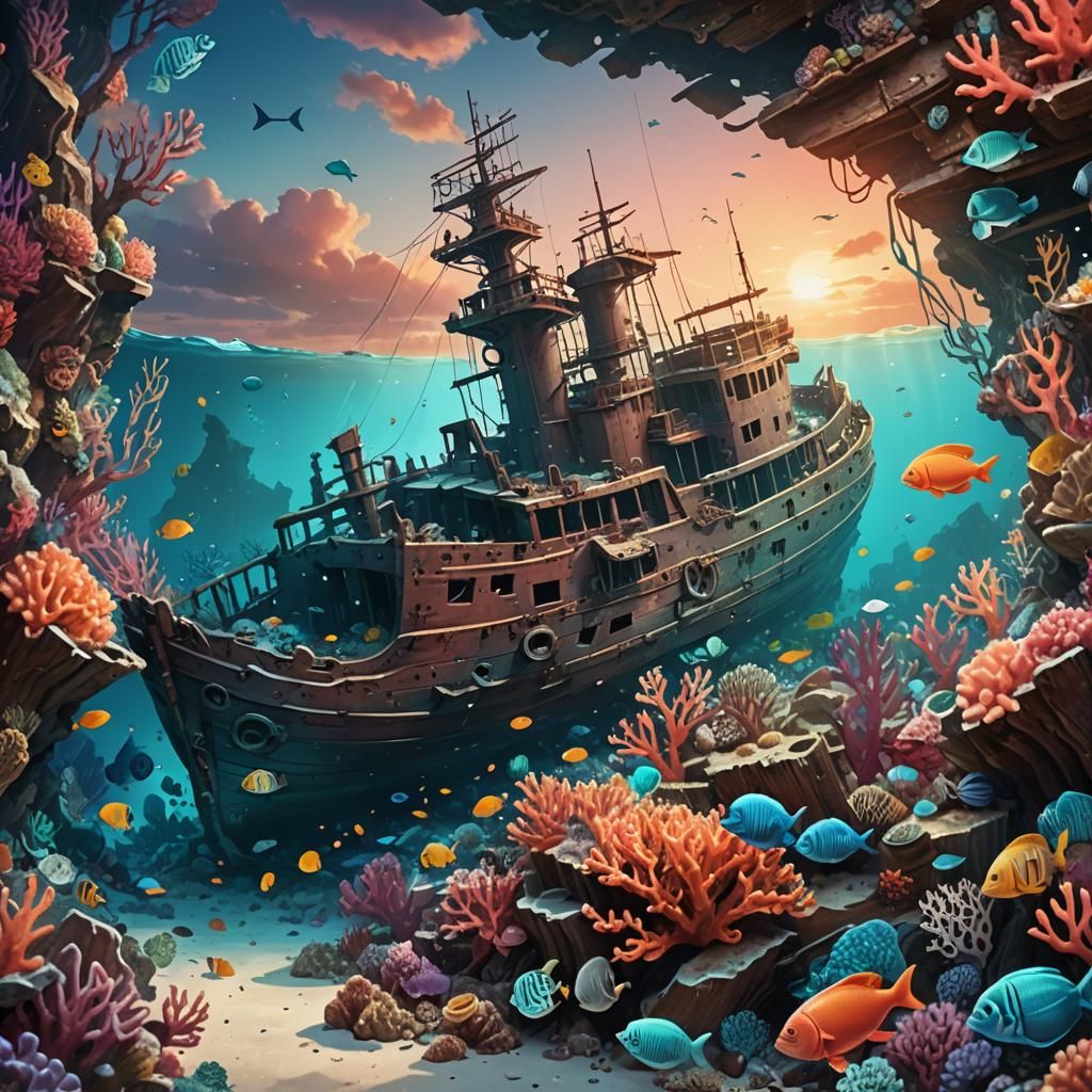 Sunken Ship Fantasy Illustration in Warm Coral Hues
