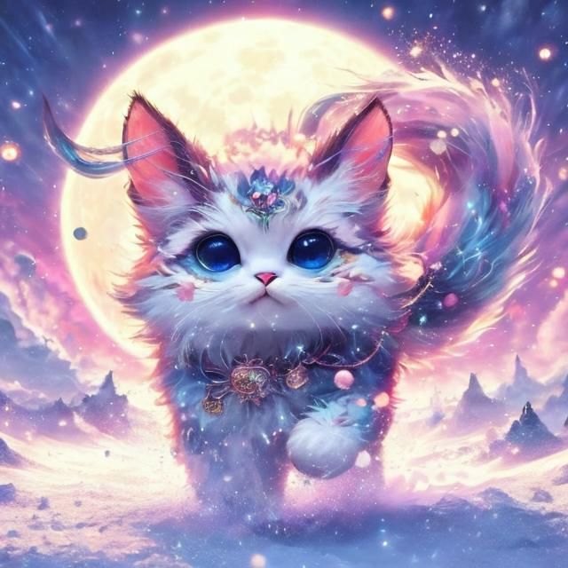 Mythical Cat Running Through Snow in Vaporwave Style