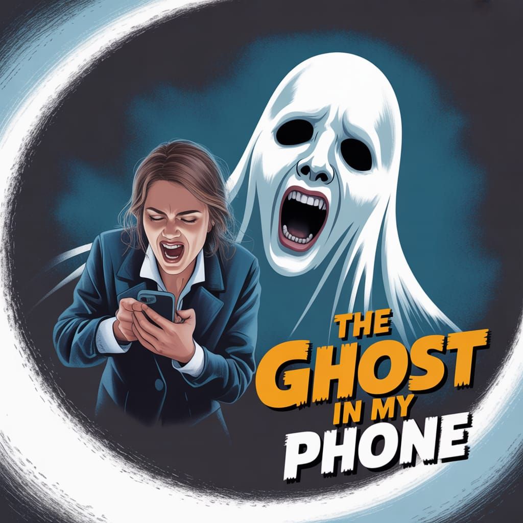 2000s movie horror poster. The title is "The Ghost in My Phone". A screaming ghost with hollow eyes, scaring the dayligh...
