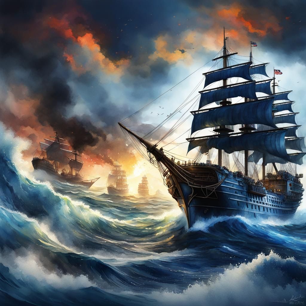 Rubber Boat on the Big Blue Sea in Watercolor