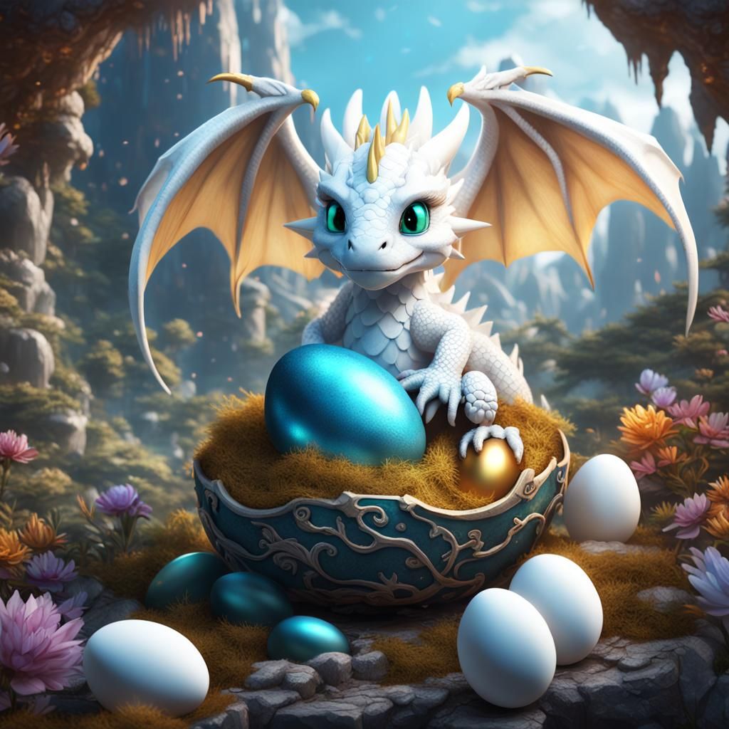 Cute White Dragon Hugging Hatching Eggs
