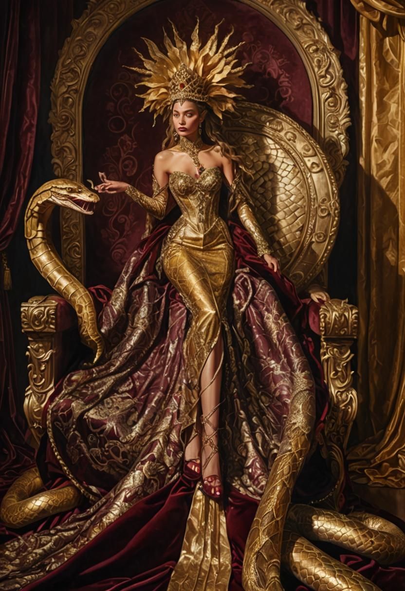 Regal Snake Queen in Surreal Oil Painting