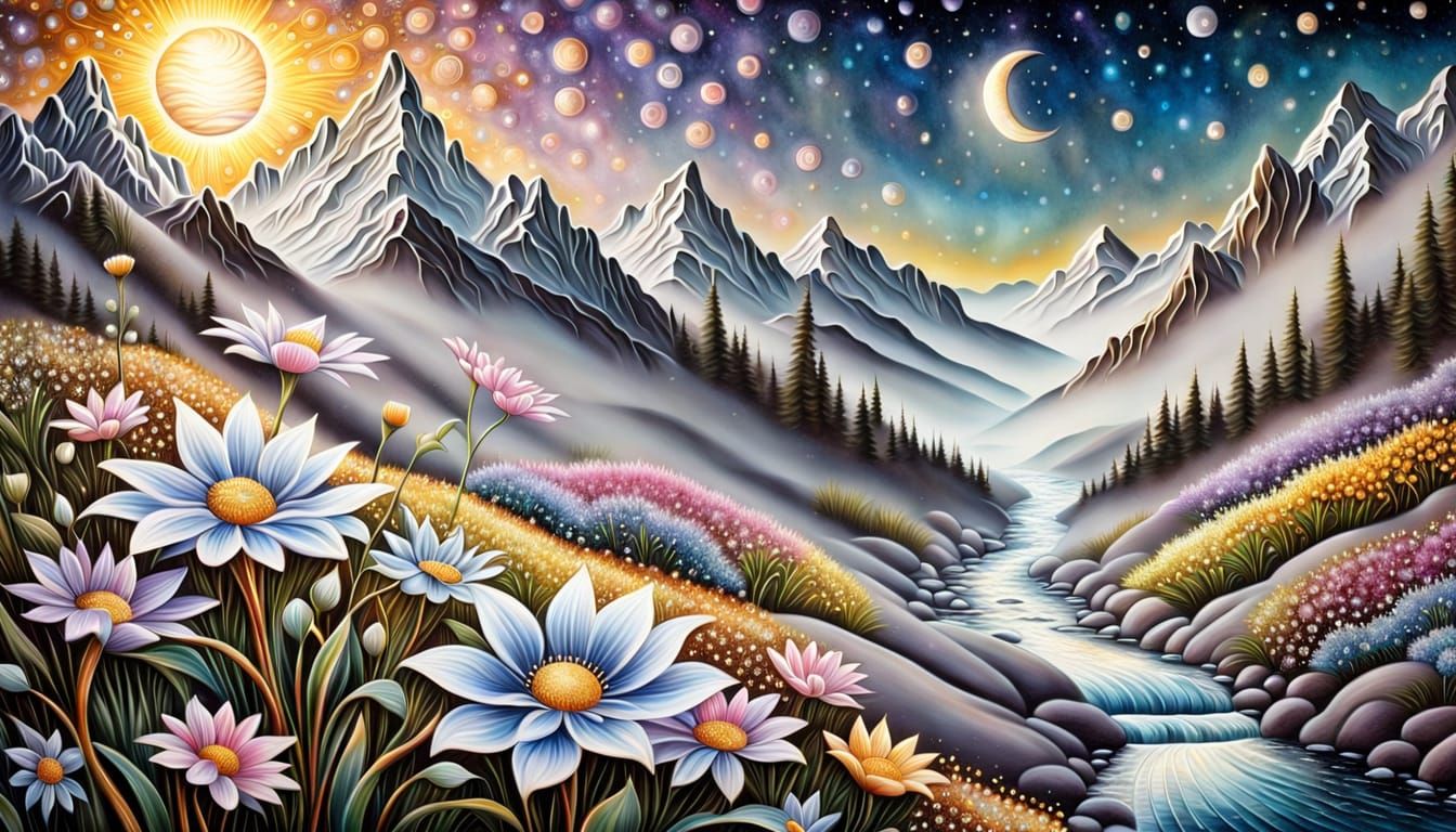 Surreal Iridescent Landscape with Pastel Flowers and Celesti...