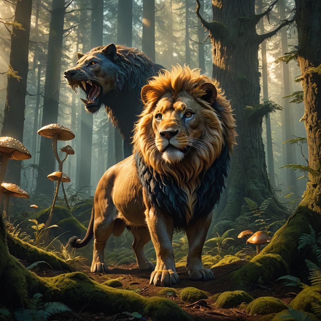 Pig-Lion Creature in Eerie Forest: Digital Matte Painting