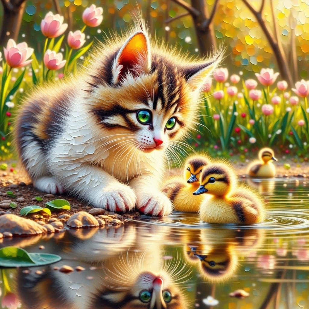 Whimsical Tabby Kitten Observes Ducklings in a Serene Spring...