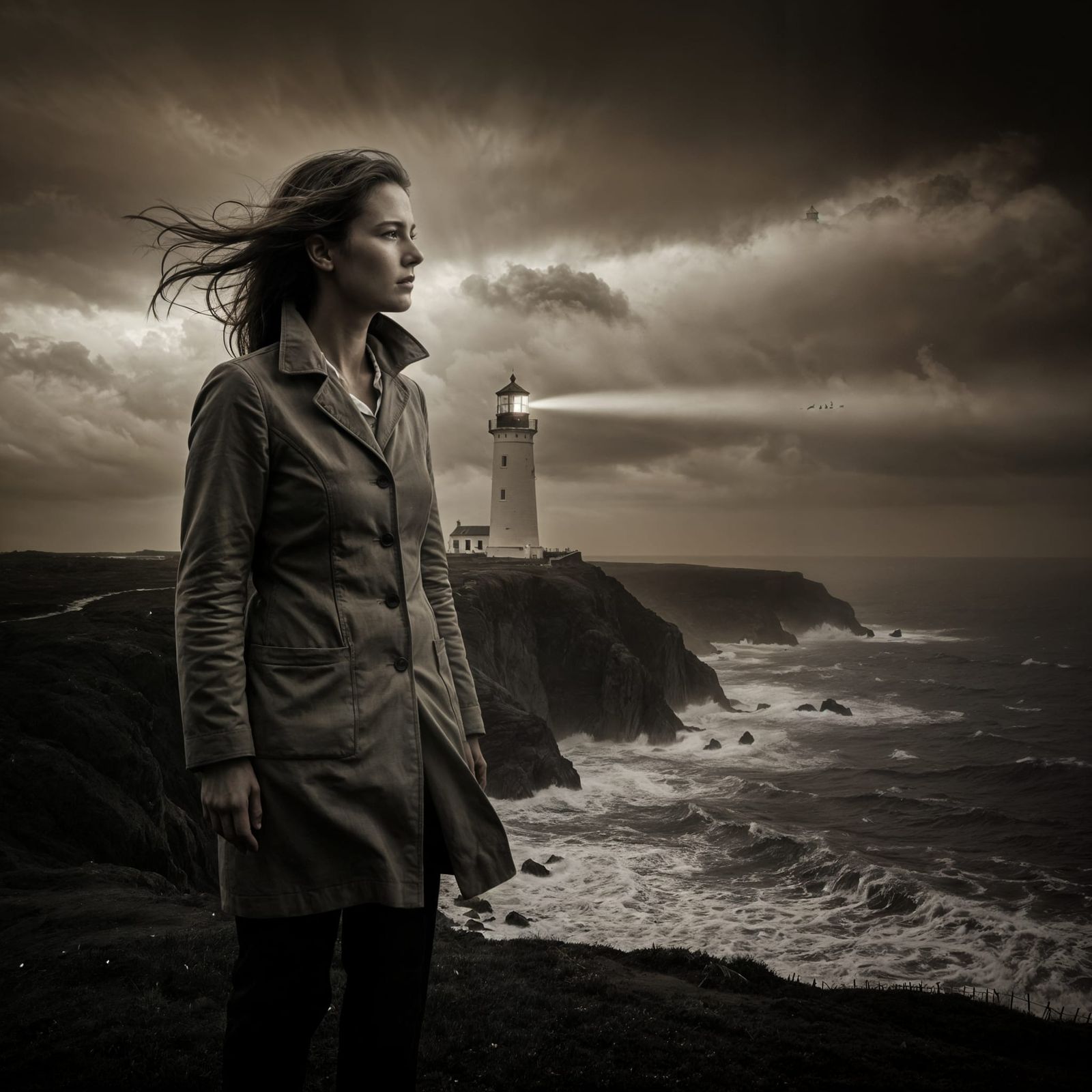 Lighthouse Keeper Facing Tempest on Cliff