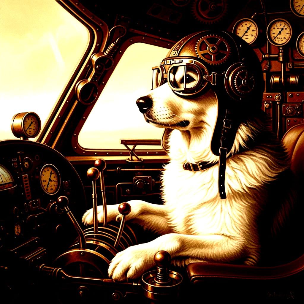 Steampunk Dog Pilot in Vintage Airship Cockpit