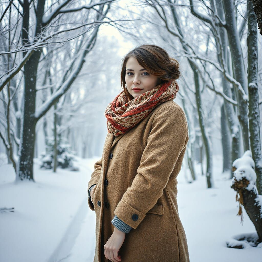 Woman in Snowy Forest, Art Nouveau Style