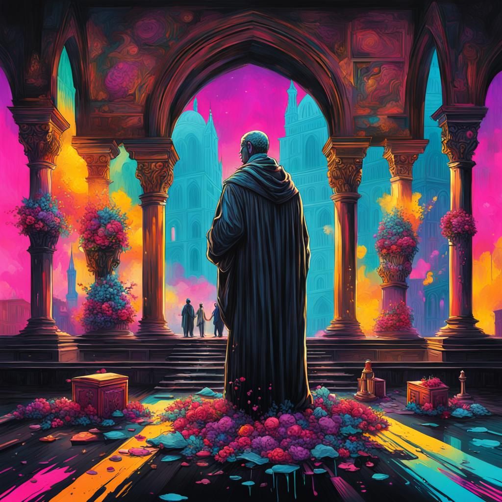 Renaissance Funeral in Dark Synthwave Style