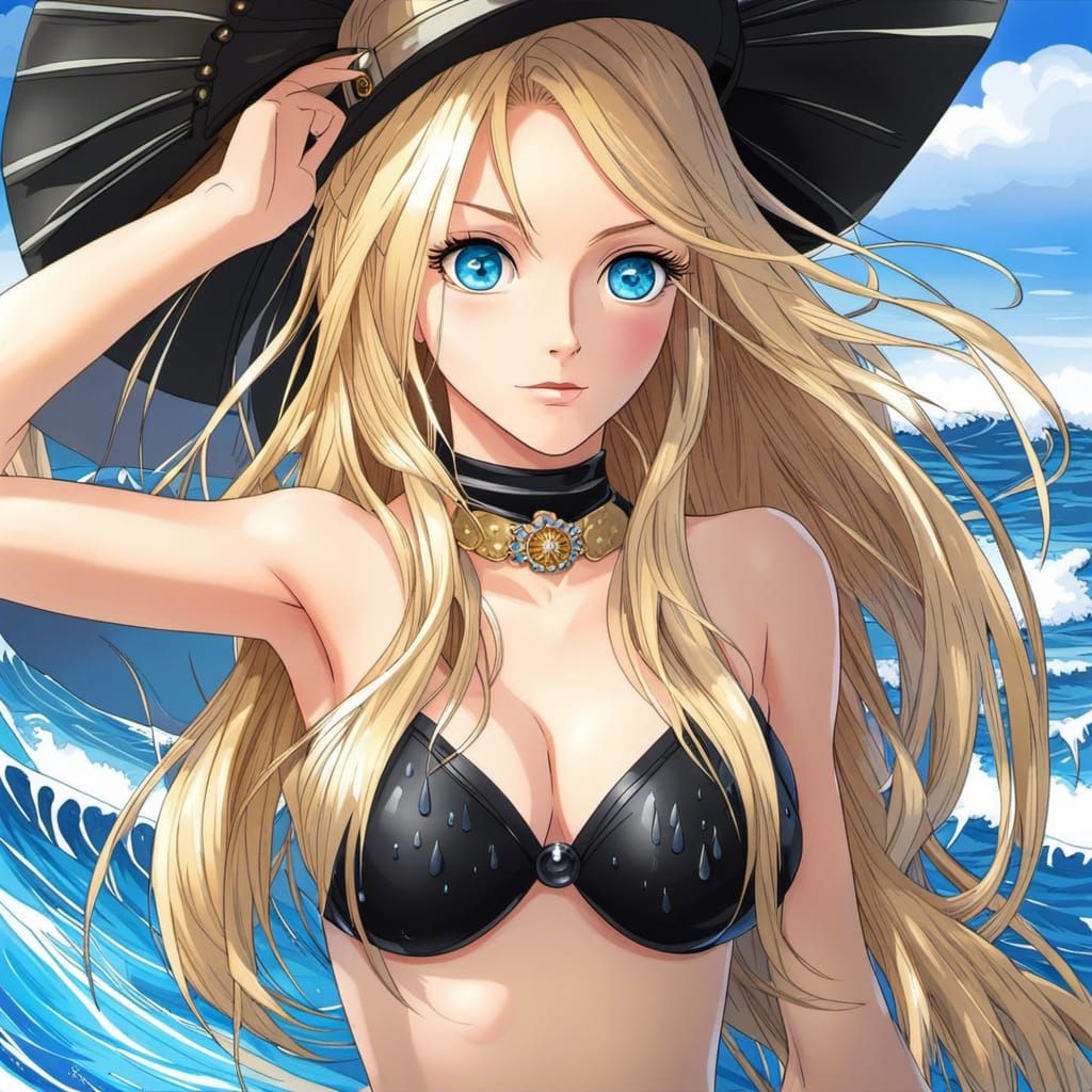 Anime Woman with Blonde Hair on Rainy Beach