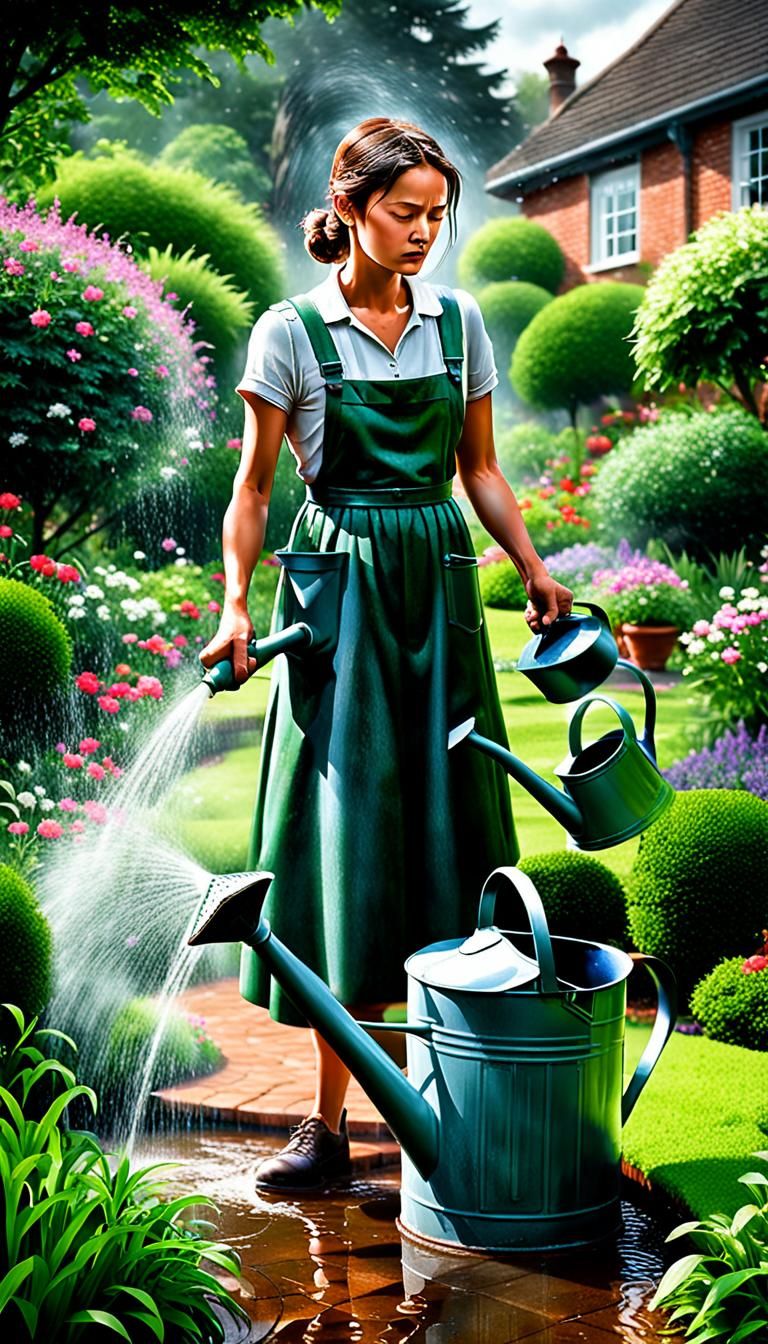 Lady in Garden Watered by Giant Can
