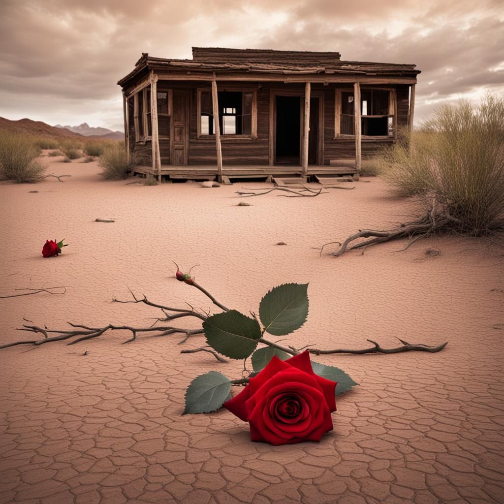 Desert Ghost Town with Red Rose