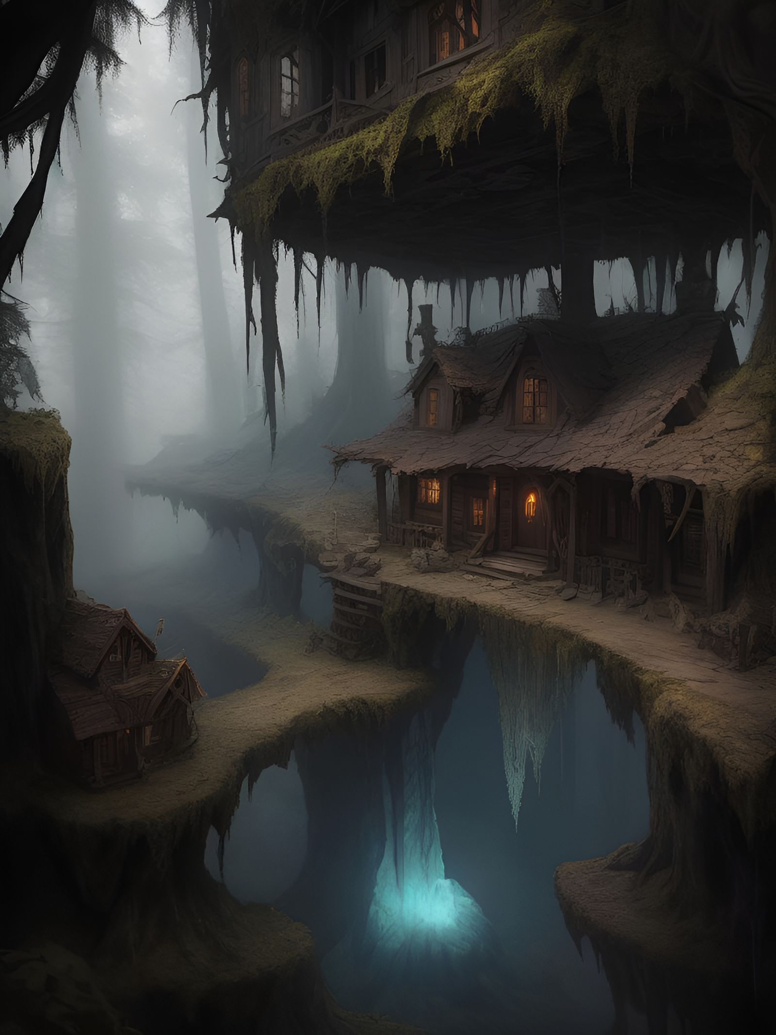 Eerie Cabin in Twisted Dark Fantasy Woods
