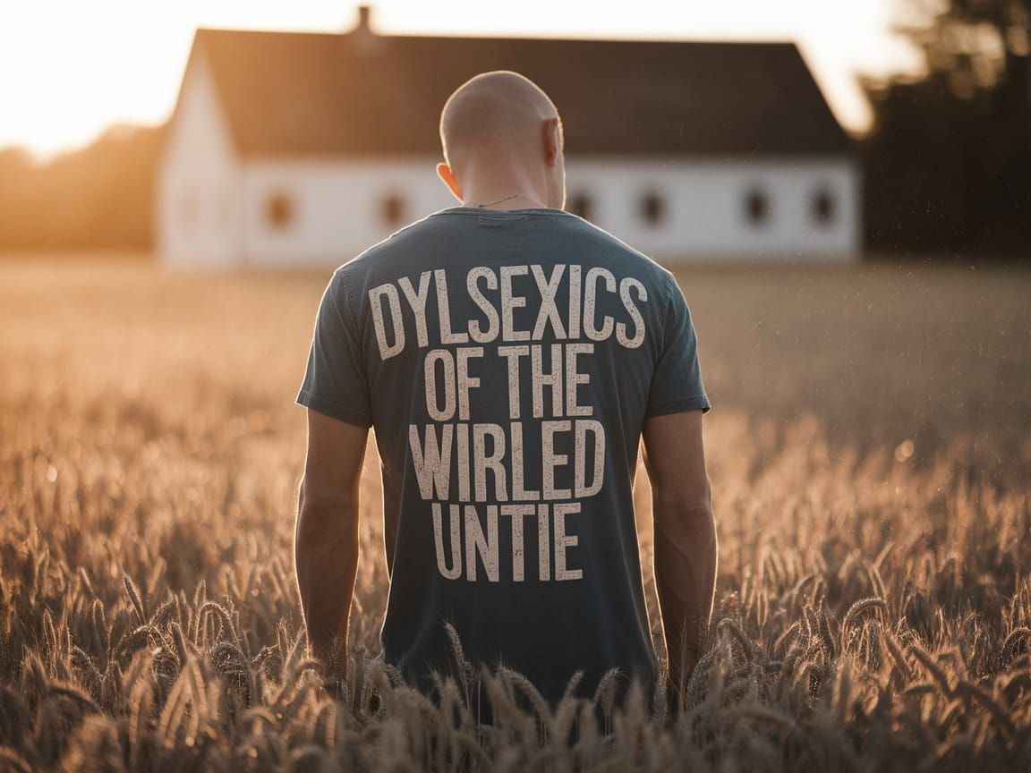 Figure in Golden Hour Light Wearing "DYLSEXICS OF THE WIRLED...