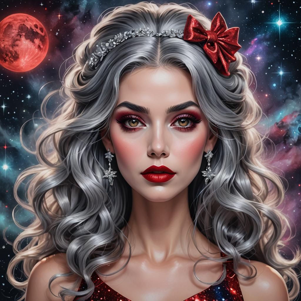 Glamorous Woman with Grey Hair in Cosmic Illustration