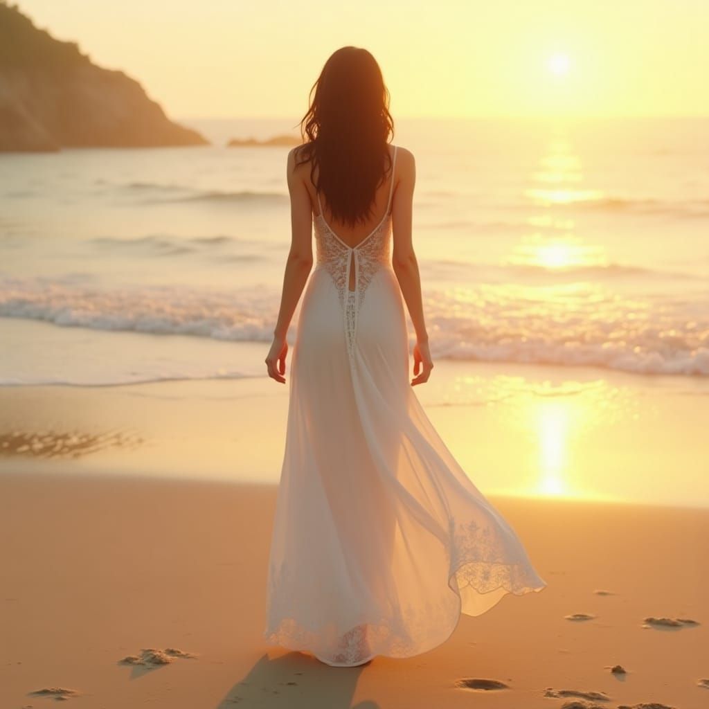 Ethereal Woman on Beach at Sunrise