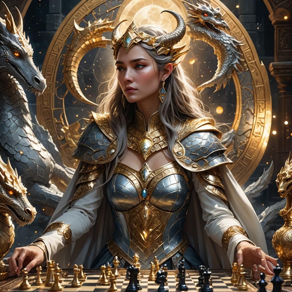 Goddess and Moon Dragon Chess Game: Digital Art