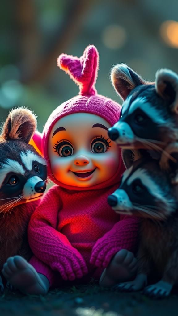 Whimsical Furry Teletubbies and Raccoons Portrait