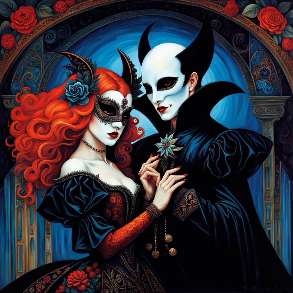 Vampire Couple Dancing with Elaborate Masks