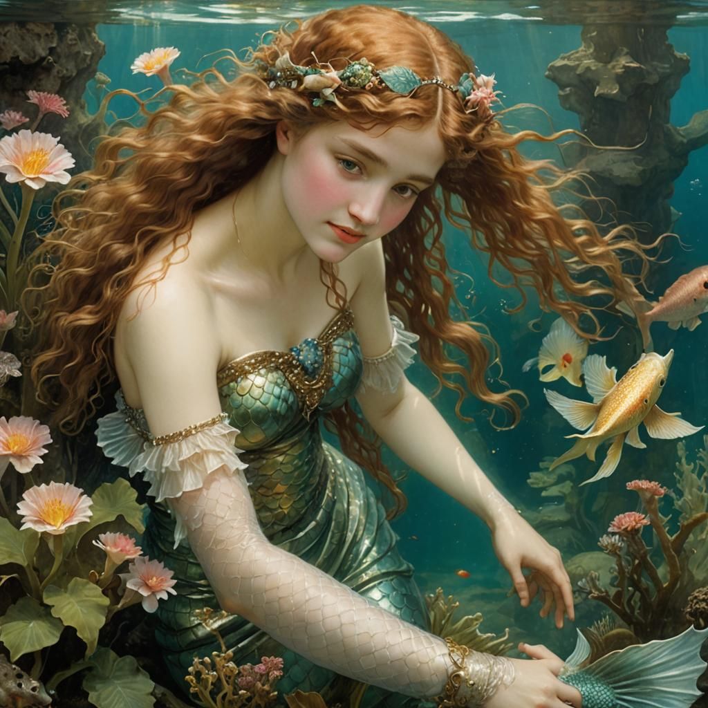 Mermaid and Axolotl in Pre-Raphaelite Style