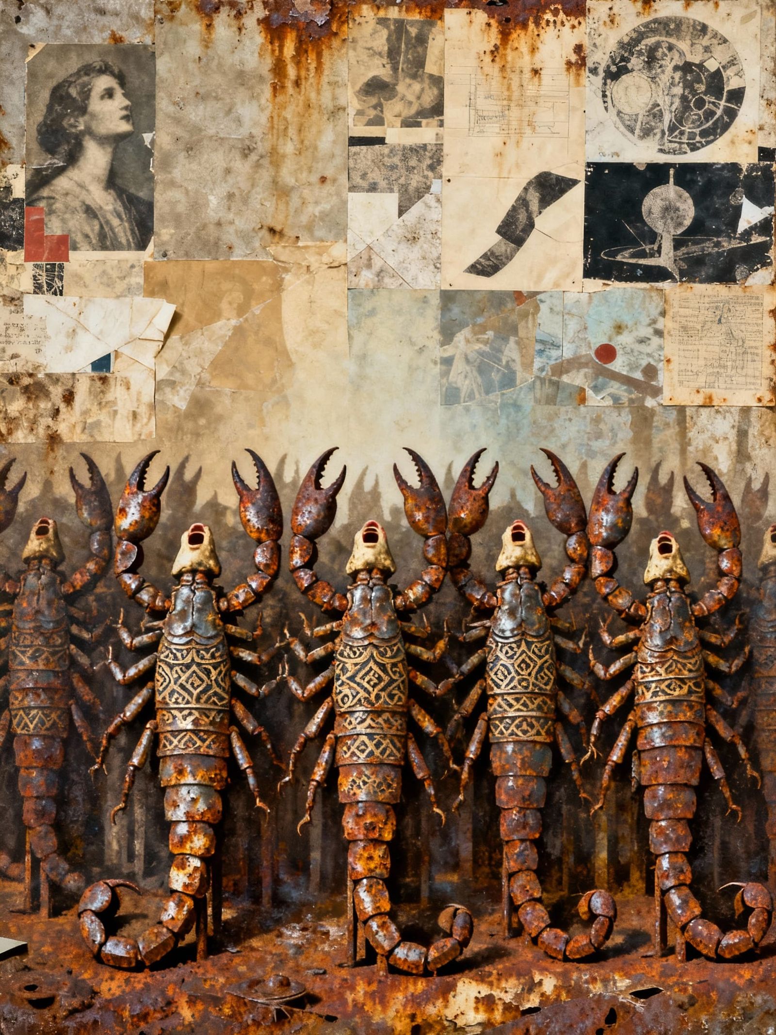 Devout Scorpions Singing to Heaven in Surreal Collage Style