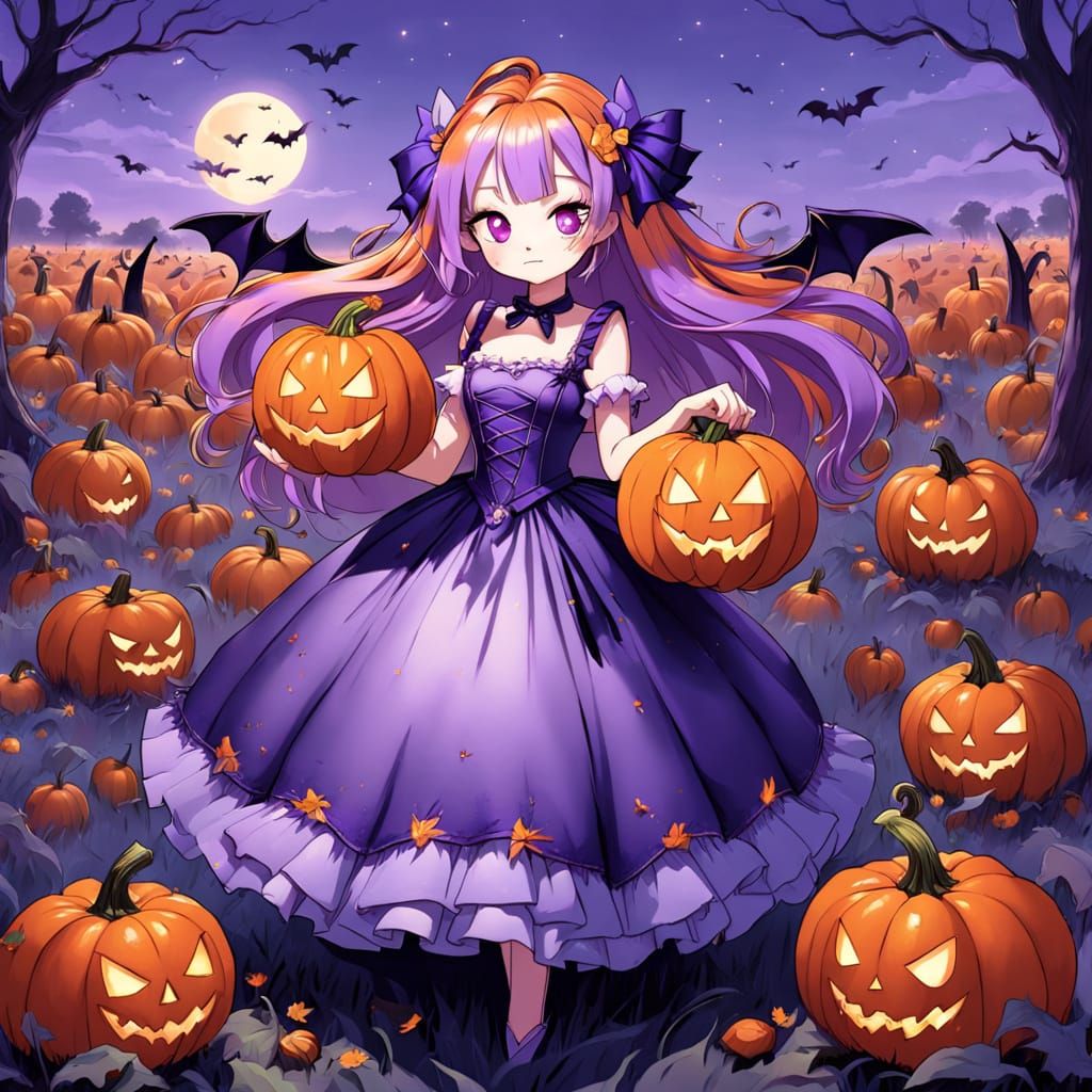 Whimsical Anime Girl Amidst Glowing Pumpkins