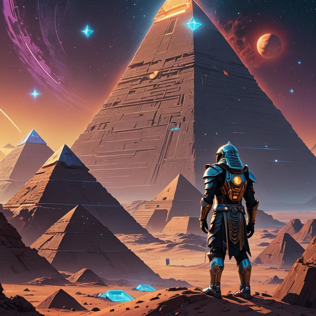 Pharaoh in Futuristic Armor Gazing at Ringed Planet