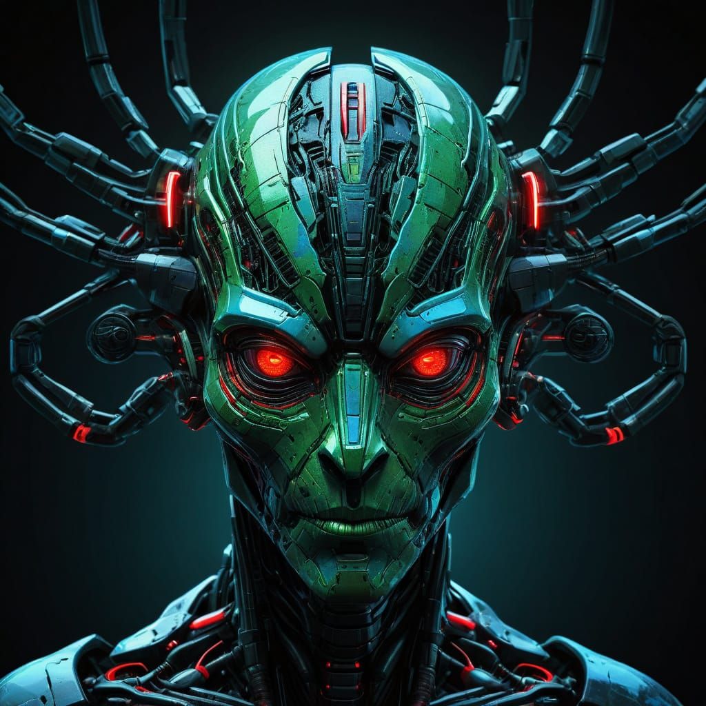 Abstract Alien Robotic Portrait in Vibrant Digital Art