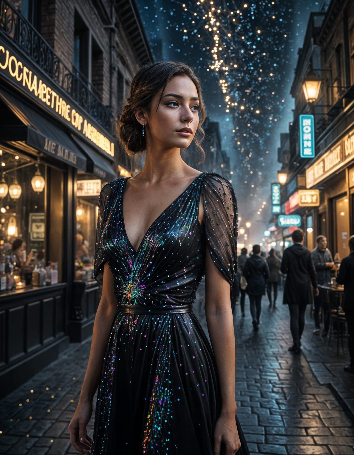 Glamorous Starlight Dress in a Foggy Nighttime Setting
