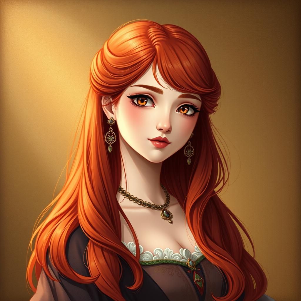 Elegant Redhead in Anime-Renaissance Fusion Style