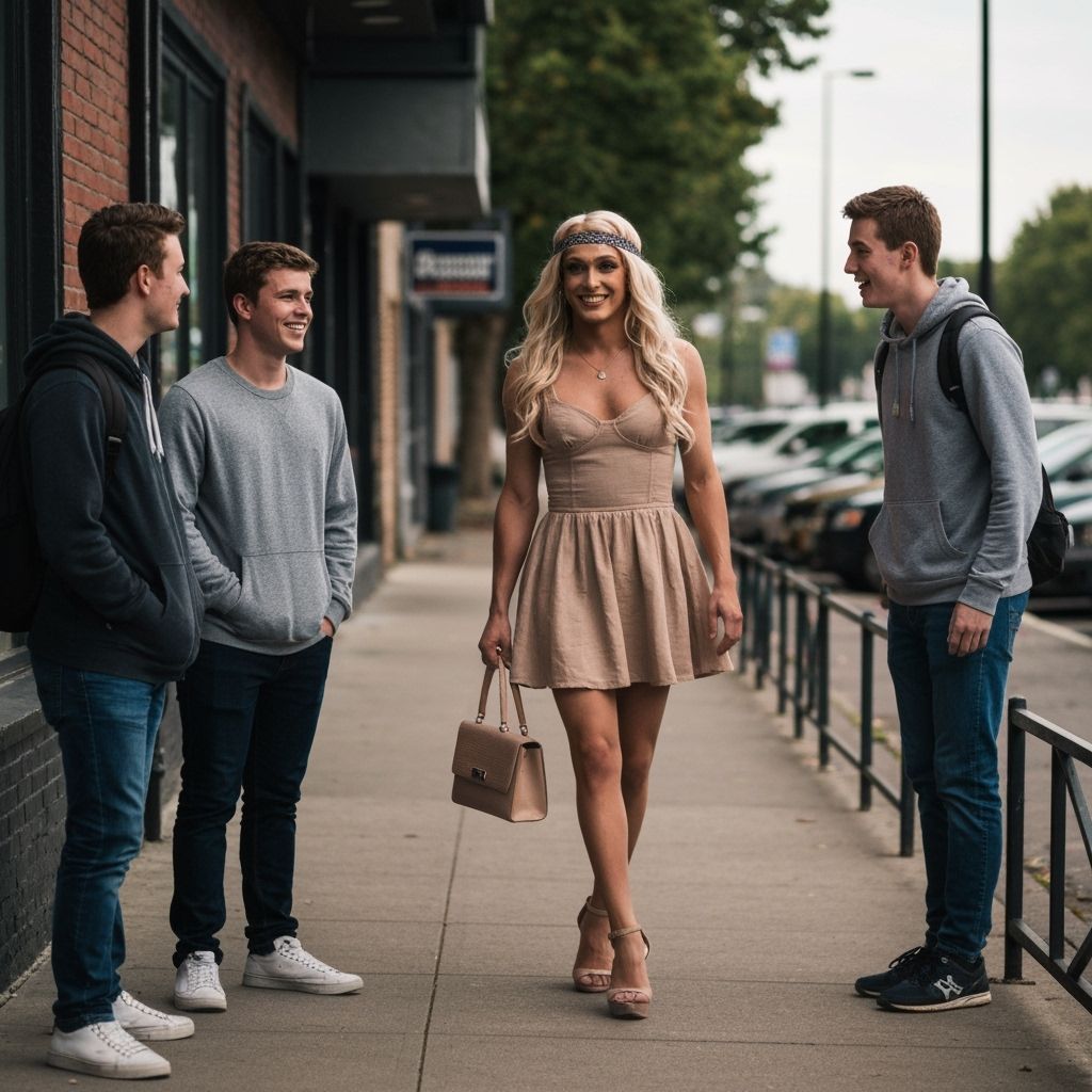 Feminine Young Man in Minidress on Sidewalk