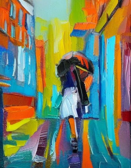 Vibrant Cityscape with Woman in Motion