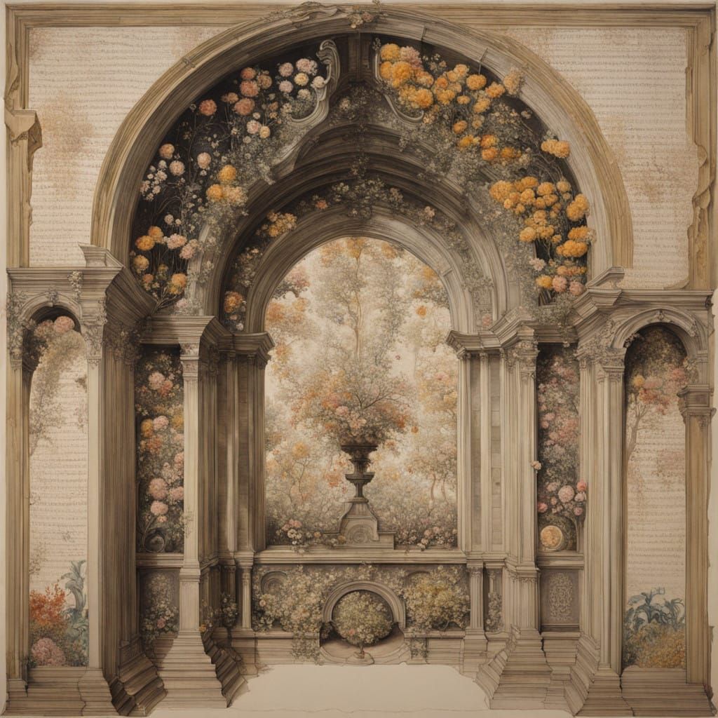 Surreal Baroque Garden in Bloom with Deathly Shadows