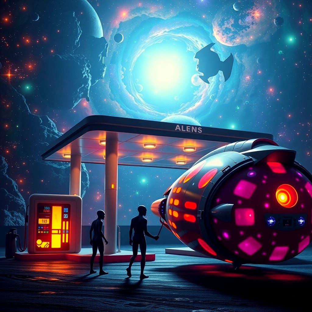 Alien Spaceships Refueling at Galactic Gas Station