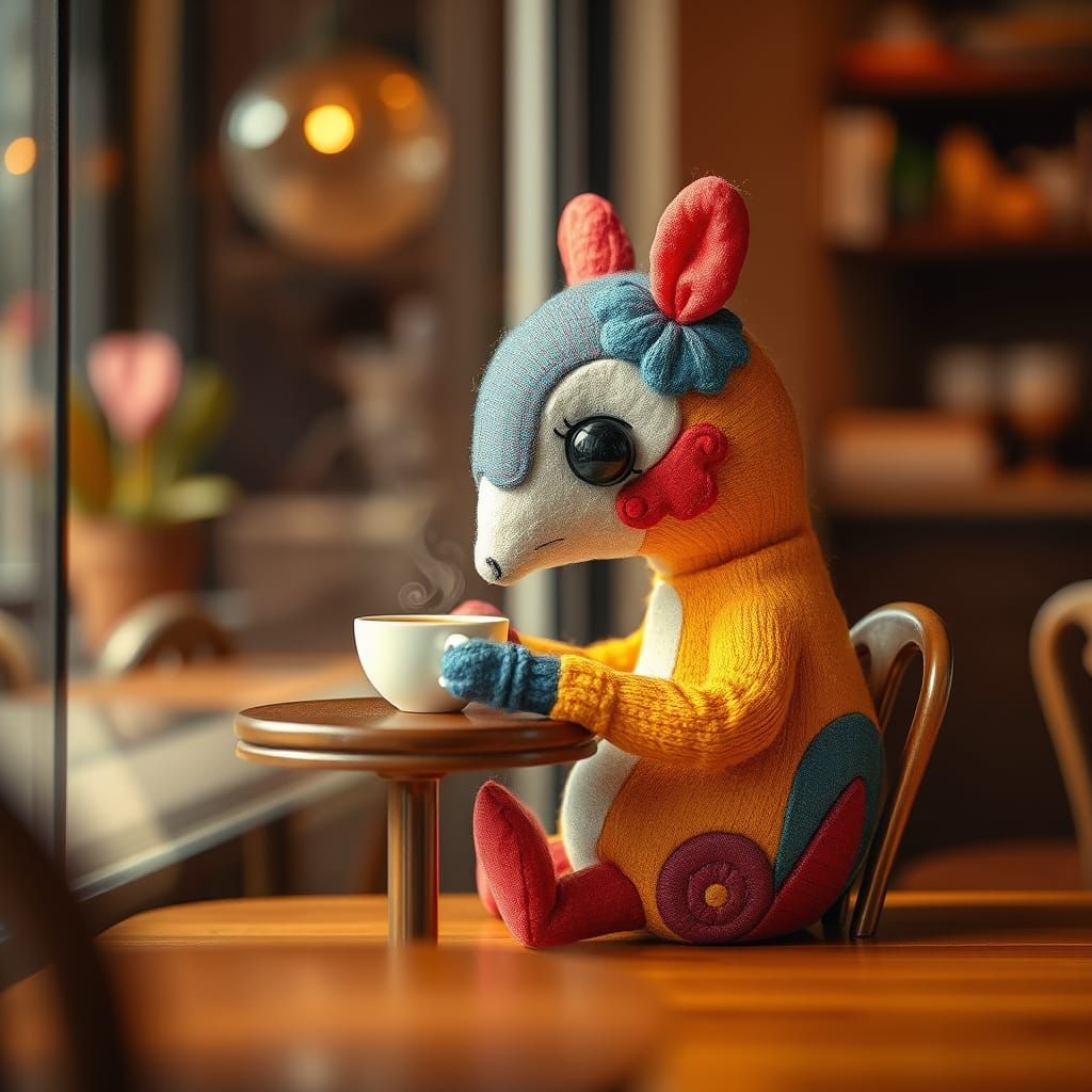 Whimsical Coffee-Themed Soft Sculpture with Colorful Fabric