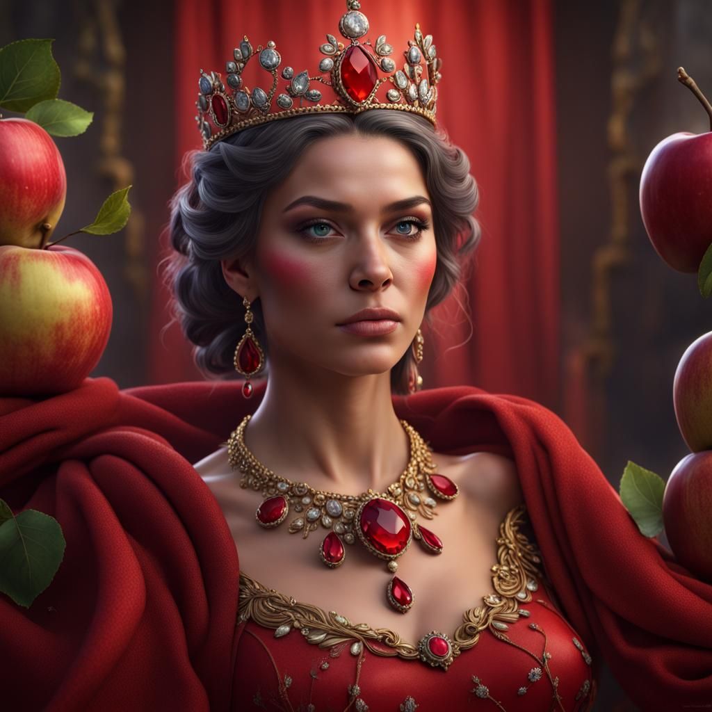 Hyperrealistic Apple Queen in Red Dress: Fantasy Art