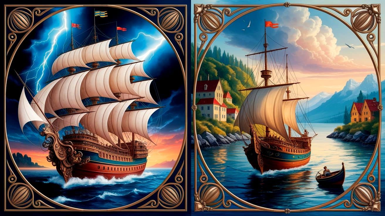 Victorian Steampunk Ship in Whimsical Village Scene