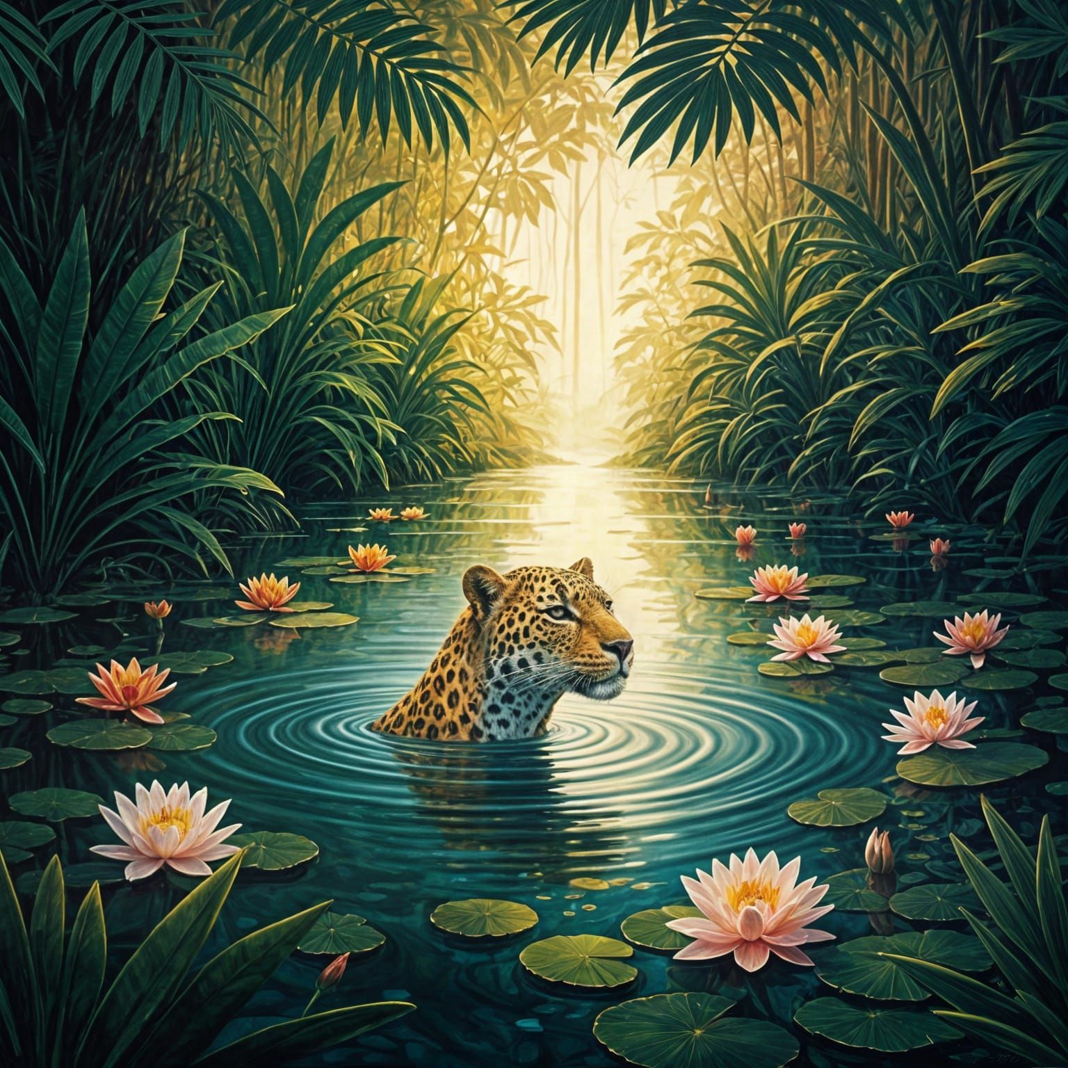 Leopard Swimming in Jungle Lily Pond Oil Painting