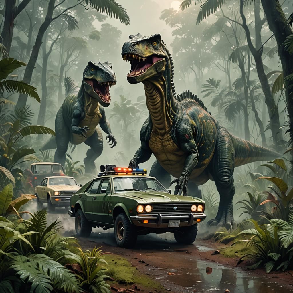 Dinosaurs Roam with Retro Car in Prehistoric Forest