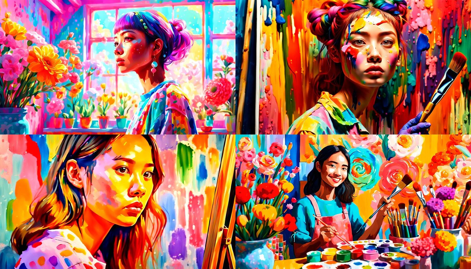Vibrant Painting of Kawaii Model in Bold Style