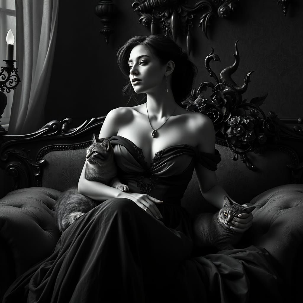 Woman in Chiaroscuro Style with Cat