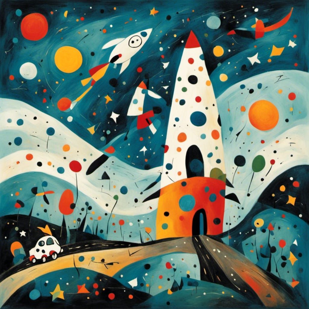 Rocket Soars Through Space in Miró Style
