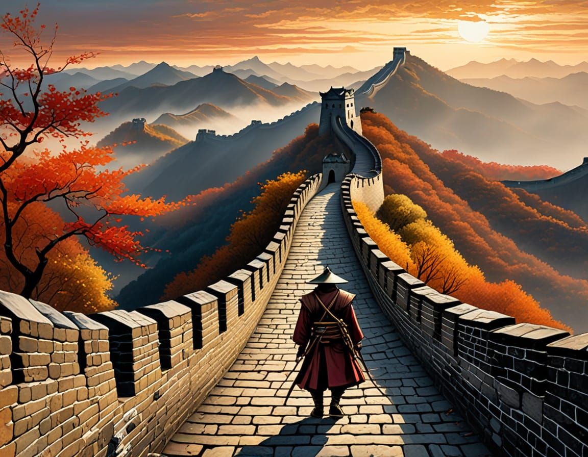 Elegant Samurai Warrior Amidst Autumn's Misty Great Wall