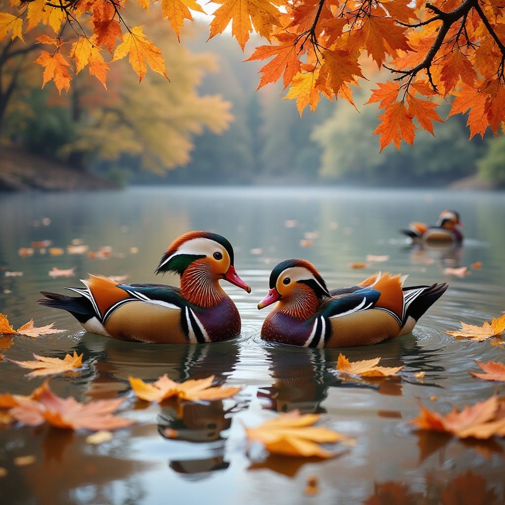 Vibrant Autumn Ducks in Reflective Lake
