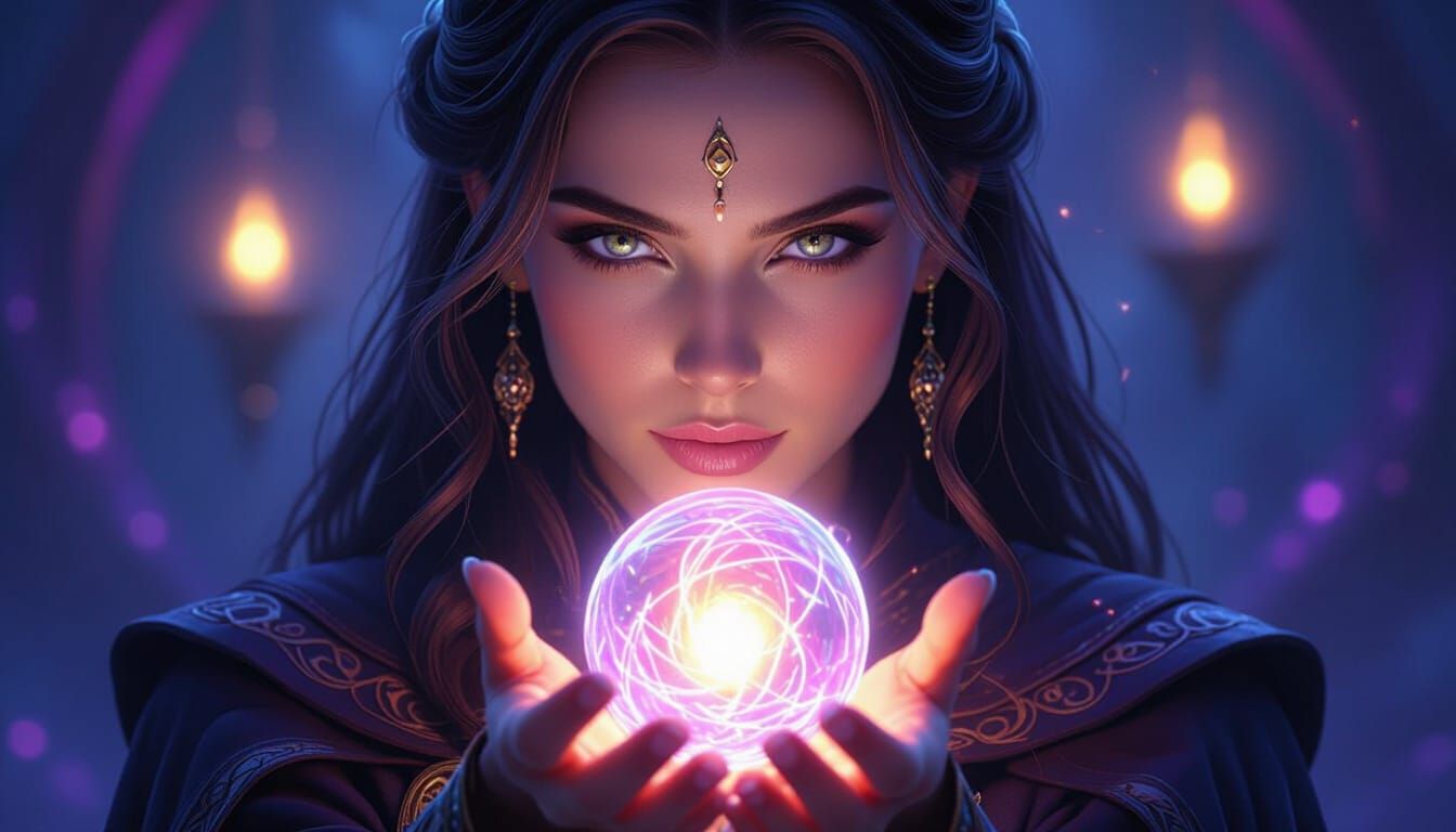 Elegant Sorceress Holding Glowing Magic Orb in Cinematic Por...