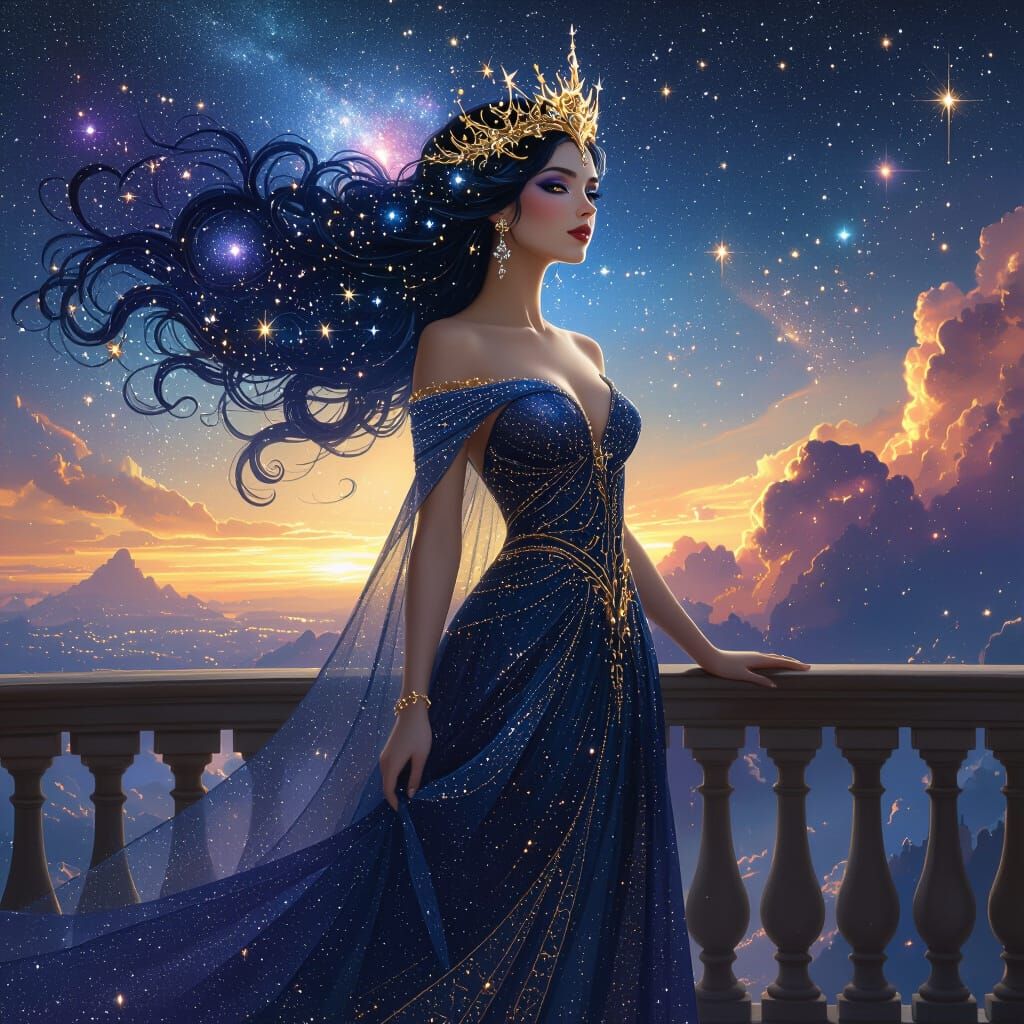 Celestial Empress Overlooking Nebulae in Art Nouveau Style