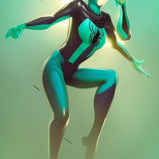 Spider-Woman in Mint Green Suit: Hyperrealistic Concept Art
